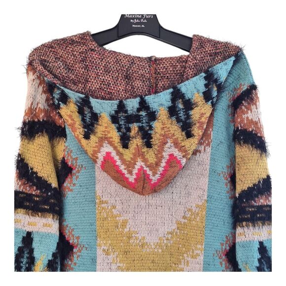 Southwestern Tribal Eyelash Sweater Hooded Cardigan Long Line MaxSport weighty L - Picture 7 of 16